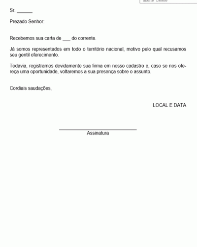 Modelo de Pedido de Representação para Outra Praça Resposta Negativa - Modelo Simples