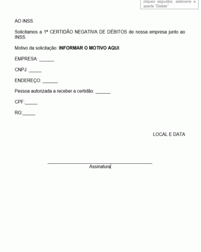 Modelo de Pedido de Primeira Certidão Negativa ao INSS - Modelo Simples