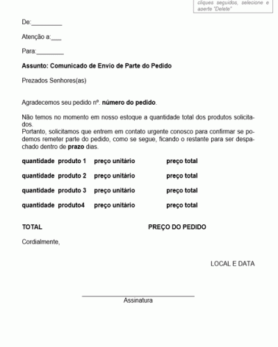 Modelo de Pedido de Confirmação para Envio Parcial de Pedido - Modelo Simples