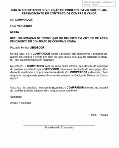 Modelo de Carta Solicitando Devolução do Dinheiro em Virtude de Arrependimento em Contrato de Compra e Venda - Modelo Simples