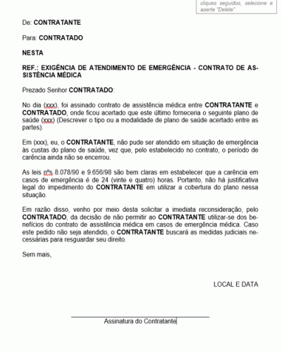 Modelo de Carta Exigindo Atendimento de Emergência Contrato de Assistência Médica - Modelo Simples