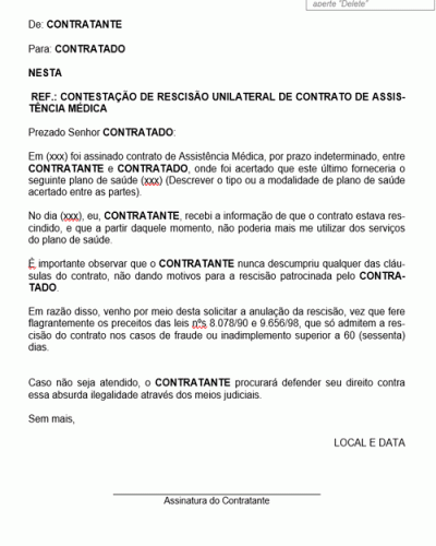 Modelo de Petição Concessão de Amparo ao DeficienteCarta Contestando Rescisão Unilateral de Contrato de Assistência Médica - Modelo Simples