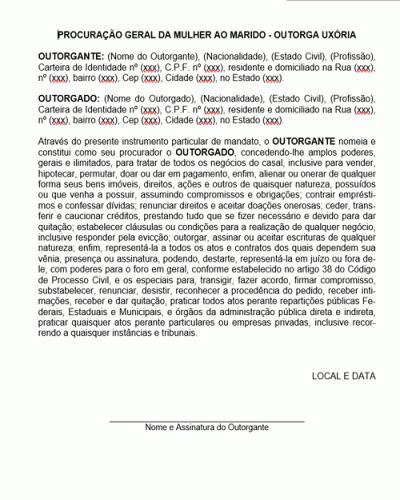 Modelo de Procuração Geral da Mulher ao Marido - Modelo Simples