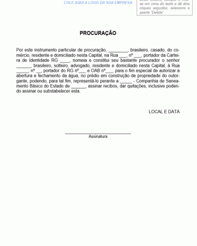 Modelo de Procuração para Abertura e Fechamento de Água de Prédio em Construção - Modelo Simples