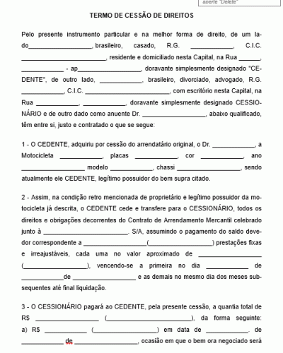 Mdelo de Termo de Cessão de Direitos de Leasing de Motocicleta