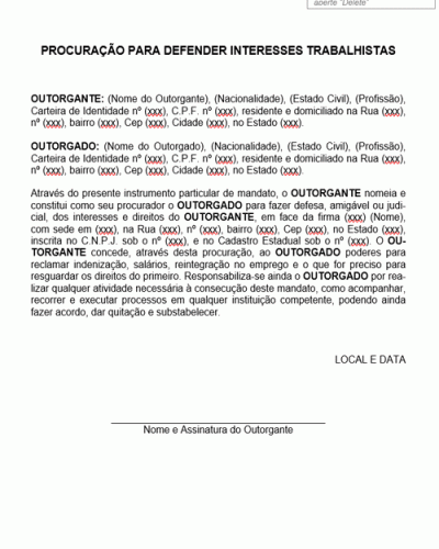 Modelo de Procuração para Defender Interesses Trabalhistas - Modelo Simples