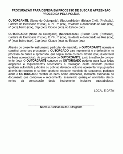 Modelo de Procuração para Defesa em Processo de Busca e Apreensão Procedida pela Polícia - Modelo Simples