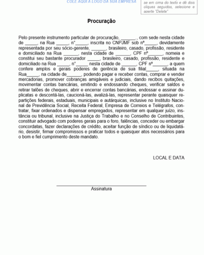 Modelo de Procuração para Gerência de Casa Comercial - Modelo Simples