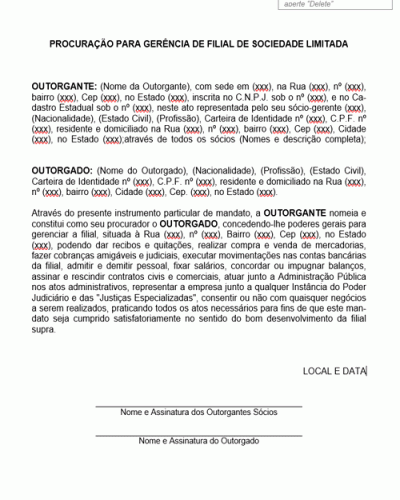 Modelo de Procuração para Gerência de Filial de Sociedade Limitada - Modelo Simples