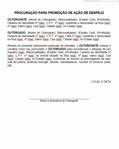 Modelo de Procuração para Promoção de Ação de Despejo - Modelo Simples