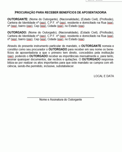 Modelo de Procuração para Receber Benefícios de Aposentadoria - Modelo Simples