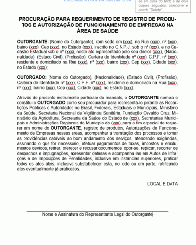 Modelo de Procuração para Requerimento de Registro de Produtos e Autorização de Funcionamento de Empresas na Área de Saúde - Modelo Simples