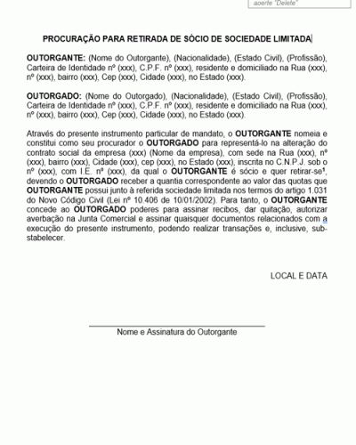 Modelo de Procuração para Retirada de Sócio de Sociedade Limitada - Modelo Simples