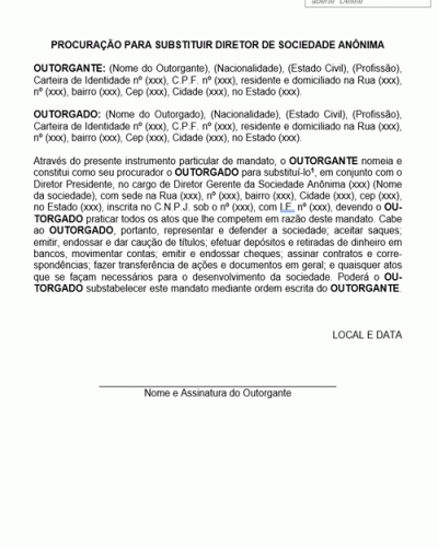 Modelo de Procuração para Substituir Diretor de Sociedade Anônima - Modelo Simples