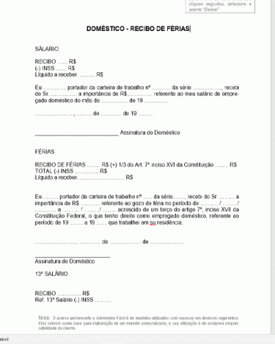 Exemplo de Pagamento de Recibo de Férias Doméstico- Modelo Simples