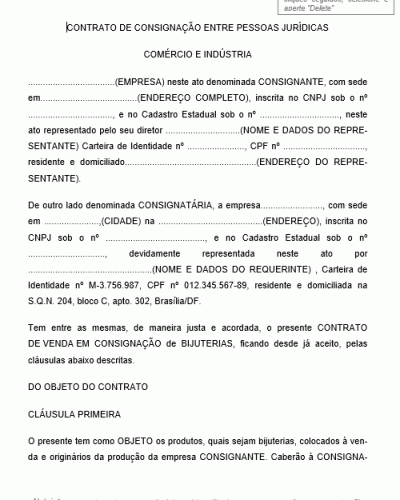 Modelo de Contrato de consignação entre pessoas Jurídicas – Comércio e Indústria