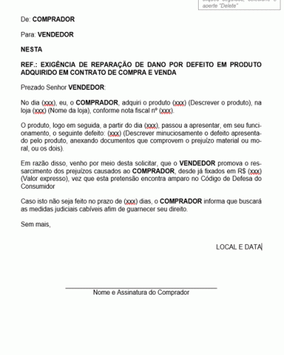 Modelo de Carta Exigindo Reparação de Dano por Defeito em Produto Adquirido em Contrato de Compra e Venda- Modelo Simples