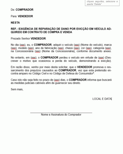 Modelo de Carta Exigindo Reparação de Dano por Evicção em Veículo Adquirido em Contrato de Compra e Venda- Modelo Simples