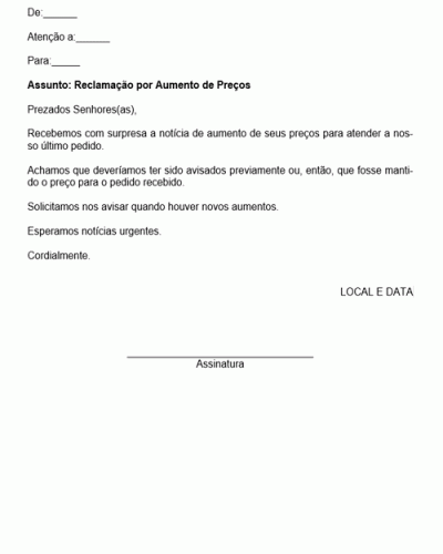 Modelo de Reclamação por Aumento de Preço com Solicitação de Manutenção de Preço para Pedido ja Realizado- Modelo Simples