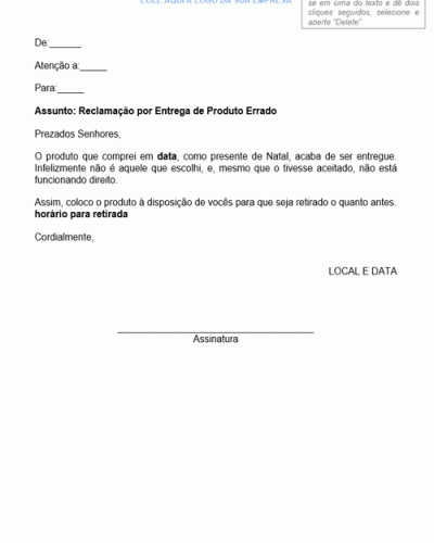 Modelo de Reclamação por Entrega de Produto Errado- Modelo Simples