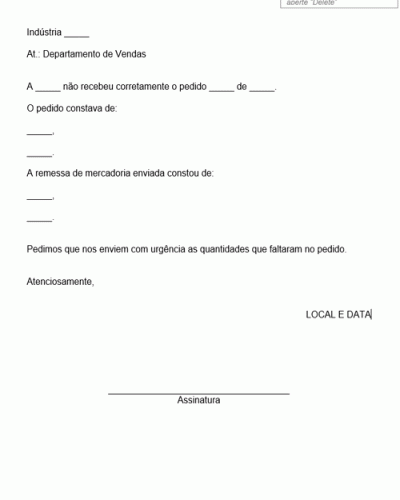 Modelo de Reclamação por Recebimento de Mercadorias em Quantidades Discrepantes- Modelo Simples