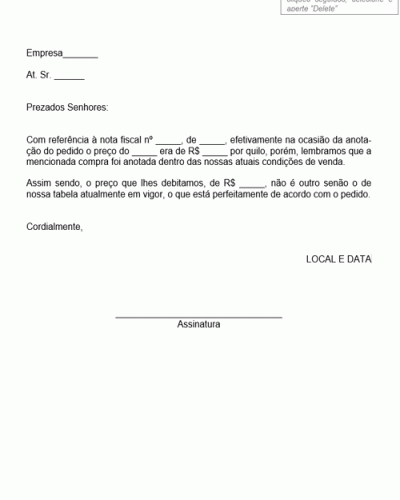 Modelo de Resposta a uma Reclamação por Aumento de Preços - Modelo Simples