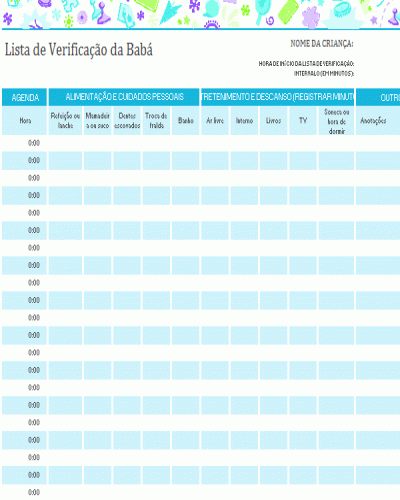 Modelo de Planilha de Controle e Verificação para Babá - Baby Sitter ou Sister