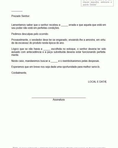 Modelo de Resposta a uma Reclamação por Recebimento de Mercadoria Errada - Modelo Simples