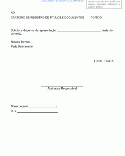 Modelo de Requerimento para Solicitar Dispensa de Anexos ou outros Documentos Constantes como Integrantes do Contrato Registrado - Modelo Simples