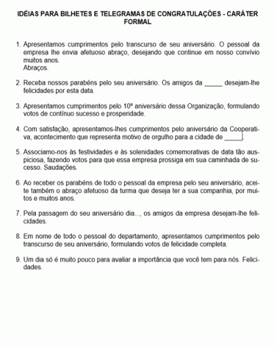 Modelo de Idéias para Bilhetes e Telegramas de Congratulações - Caráter Formal - Modelo Simples