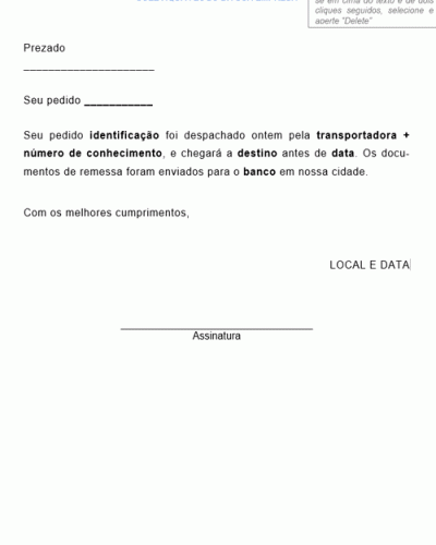 Modelo de Comunicado de Envio de Mercadorias por Transportadora - Modelo Simples