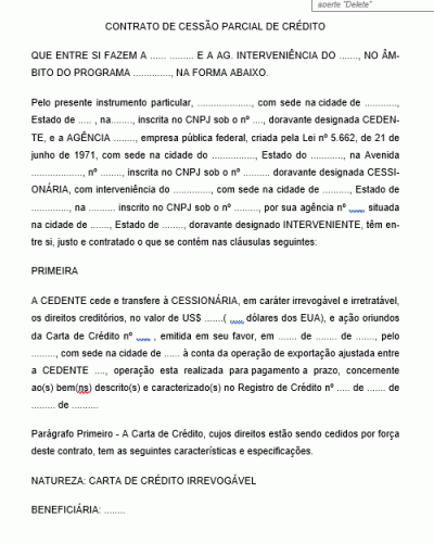 Modelo de Contrato de Cessão Parcial de Crédito - Comércio e Indústria