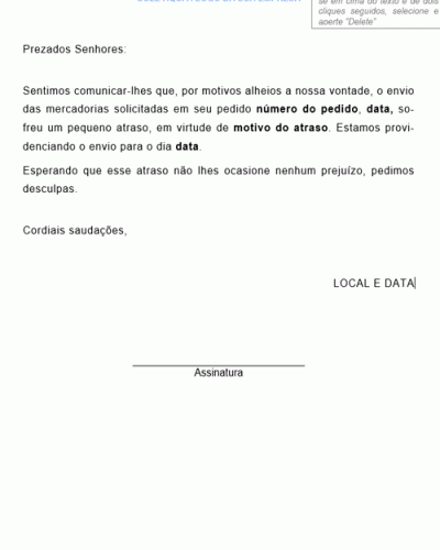 Modelo de Justificativa de Atraso de Remessa de Mercadoria - Modelo Simples