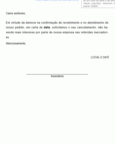 Modelo de Pedido Solicitando o Cancelamento de Pedido por não Atendimento - Modelo Simples