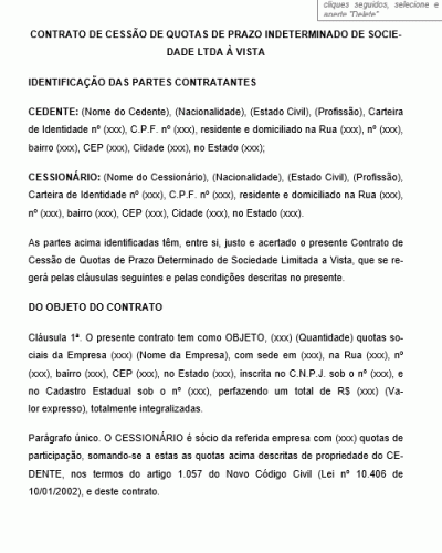 Modelo de Contrato de Cessão de Quotas de Prazo Indeterminado de Sociedade LTDA à Vista