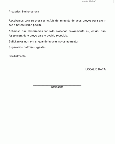 Modelo de Reclamação de Reajuste de Preço - Modelo Simples