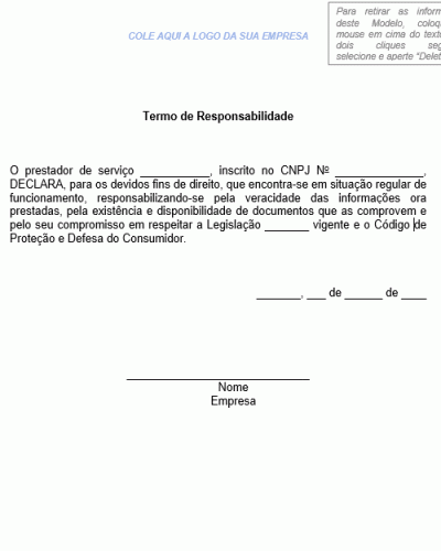 Referência Para Um Termo De Responsabilidade Modelo Gratuito