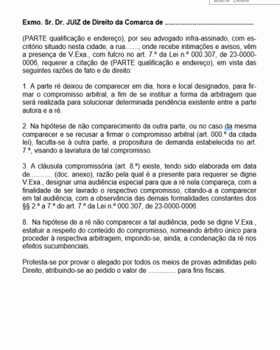 Modelo de Petição Inicial caso não Compareça a Parte ou Haja Recusa a Firmar o Compromisso Arbitral