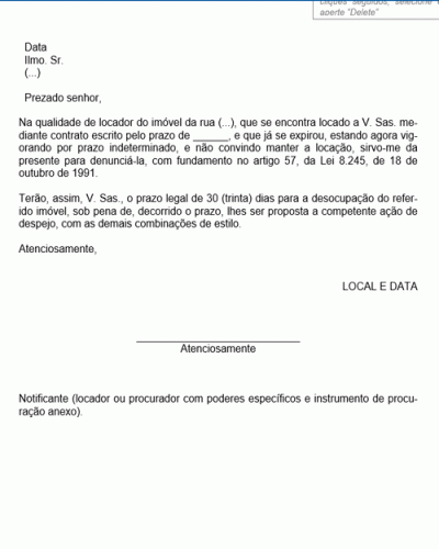 Modelo de Notificação para Ação de Despejo na Locação não Residencial após 30 dias do Fim do Contrato