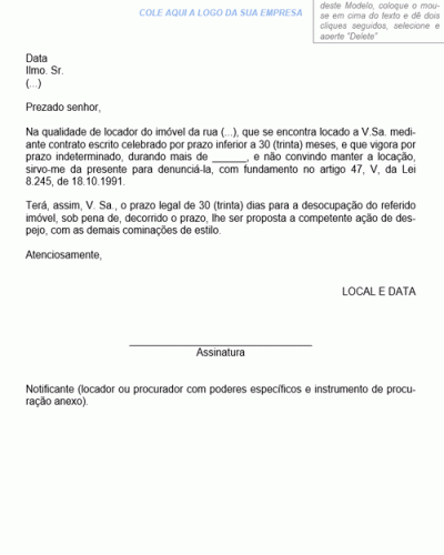 Modelo de Notificação para Ação de Despejo de Imóvel Residencial com Contrato Verbal ou Escrito com Prazo Inferior a 30 meses Novo CPC