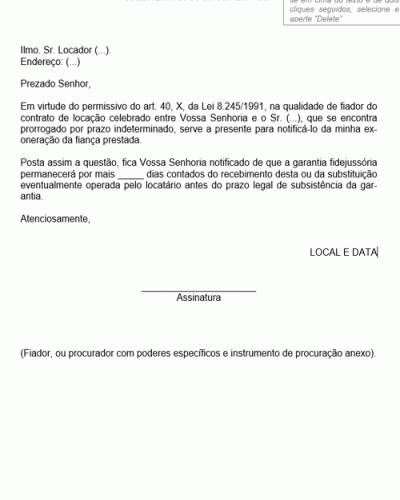 Modelo de Notificação Encaminhada pelo Fiador dando Noticia de sua Exoneração em Razão da Prorrogação Legal do Contrato Novo CPC