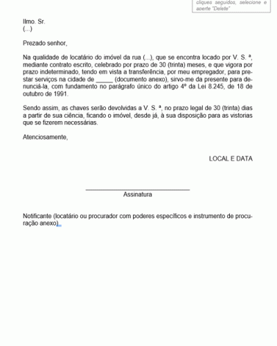 Modelo de Notificação do Locatário ao Locador Denunciando o Contrato por Transferência de Emprego Novo CPC