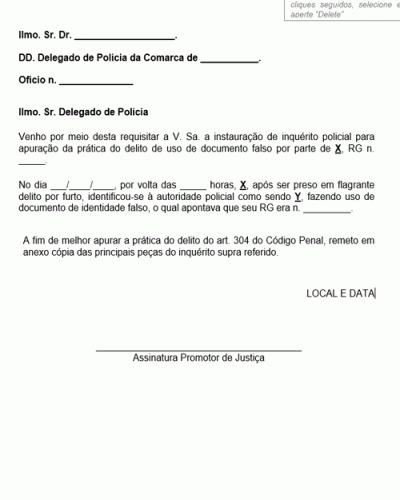 Modelo de Requisição do Membro do Ministério Público para Instauração de Inquérito Policial