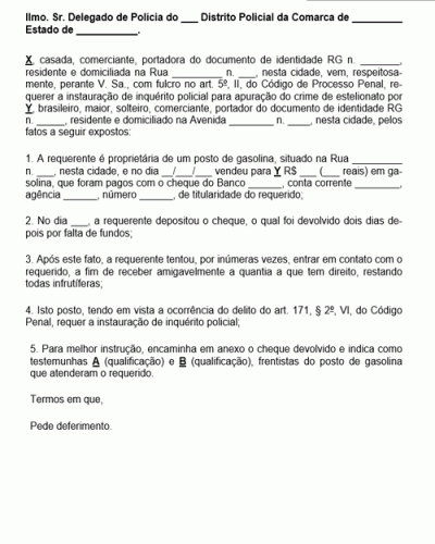 Modelo de Requerimento do Ofendido para Instauração de Inquérito Policial