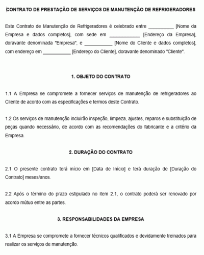 Modelo de Contrato de Manutenção de Refrigeradores em Geral