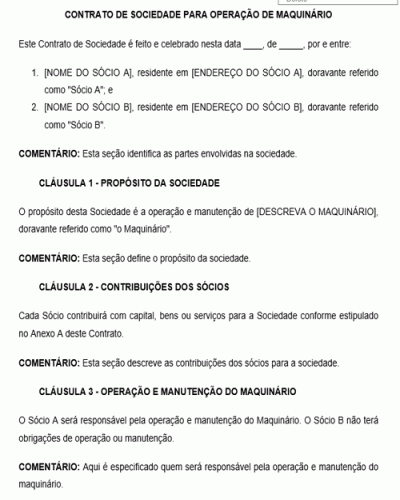 Modelo de Contrato de Sociedade para operação de Maquinário