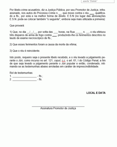 Modelo de Libelo Crime Acusatório Homicídio Simples com Agravante