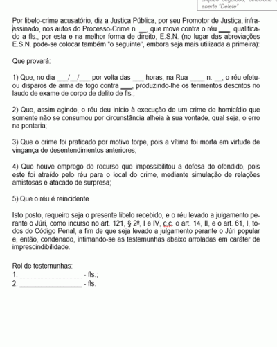 Modelo de Libelo Crime Acusatório Tentativa de Homicídio