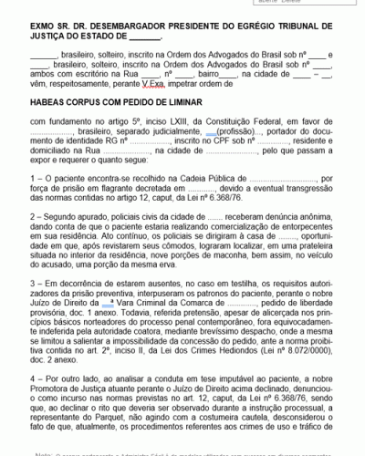 Modelo de Habeas Corpus contra a falta de Aplicação do Procedimento Previsto na Nova Lei de Tóxicos