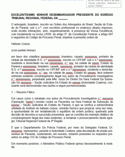 Modelo de Habeas Corpus contra Decisão Judicial que Decreta Prisão Preventiva por Investigação em Crime